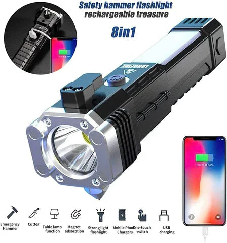 Rechargeable LED Torch & Multifunctional Tactical Hammer with Power Bank (Random Color)